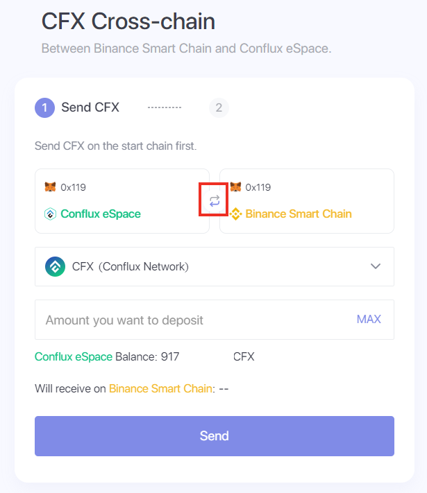 Conflux Espace to BSC bridge switch networks