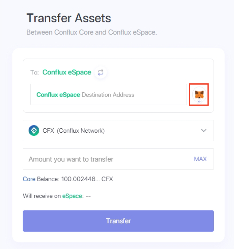 conflux bridge core to espace metamask