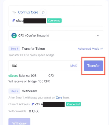 conflux bridge espace to core transfering button