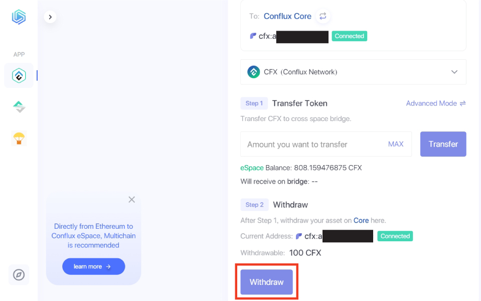 conflux bridge espace to core withdraw
